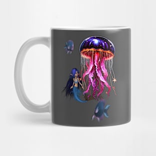 Cute mermaid looks at the beautiful jellyfish. Mug